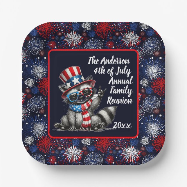 Customisable Patriotic Racoon 4th of July Party  Paper Plate (Front)