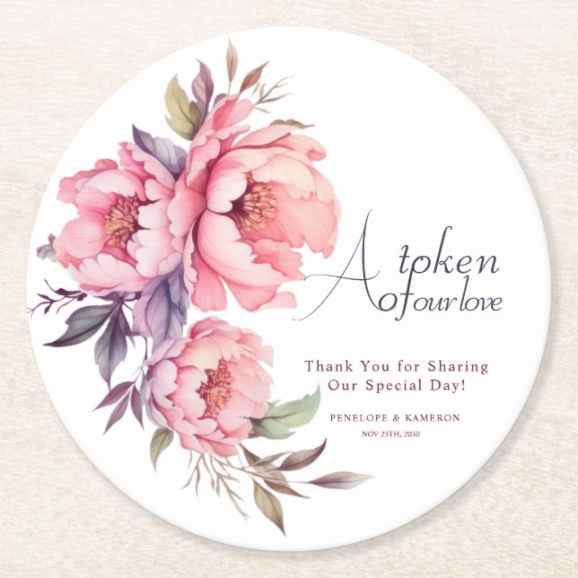 Customisable Peonies A Token of Our Love Wedding  Round Paper Coaster (Front)