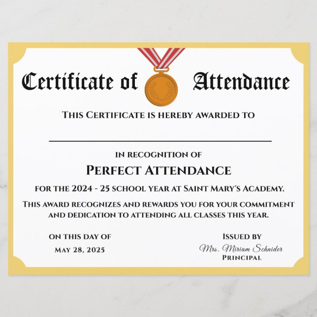 Customisable Perfect Attendance Award Certificate (Front)
