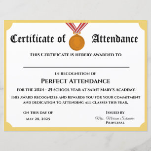 Customisable Perfect Attendance Award Certificate