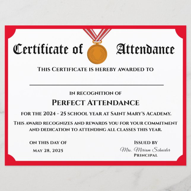 Customisable Perfect Attendance Award Certificate (Front)