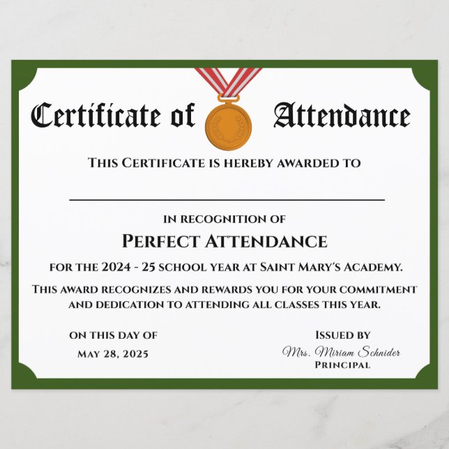 Customisable Perfect Attendance Award Certificate (Front)