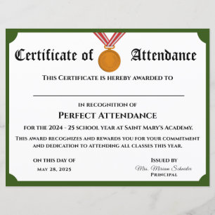 Customisable Perfect Attendance Award Certificate