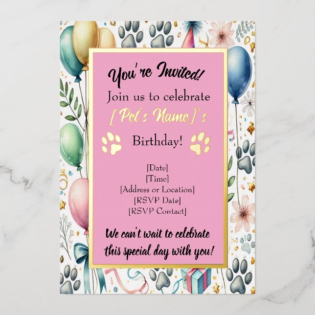 Customisable Pet Birthday Foil Invitation (Front)