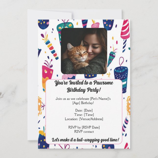 Customisable Pet Birthday Invitation Card with Pho (Front)