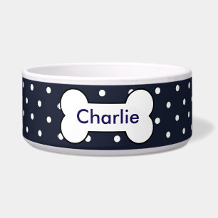 Customisable pet bowl navy blue, white dots, bone