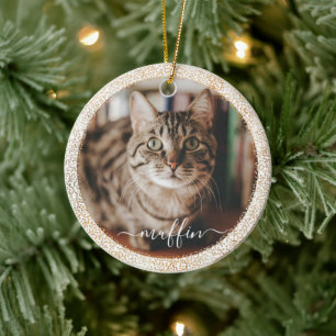 Customisable Pet Cat Photo Gold Glitter Christmas Ceramic Tree Decoration