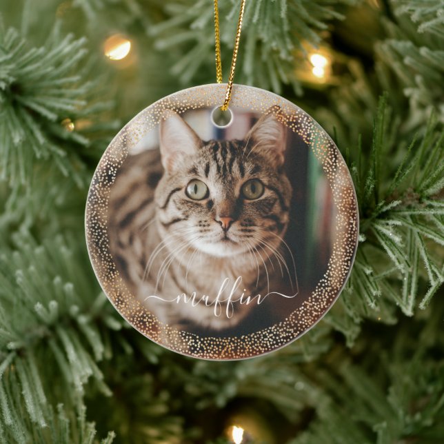 Customisable Pet Cat Photo Gold Glitter Christmas Ceramic Tree Decoration (Tree)