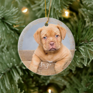 Customisable Pet Dog Photo Gold Glitter Ceramic Tree Decoration
