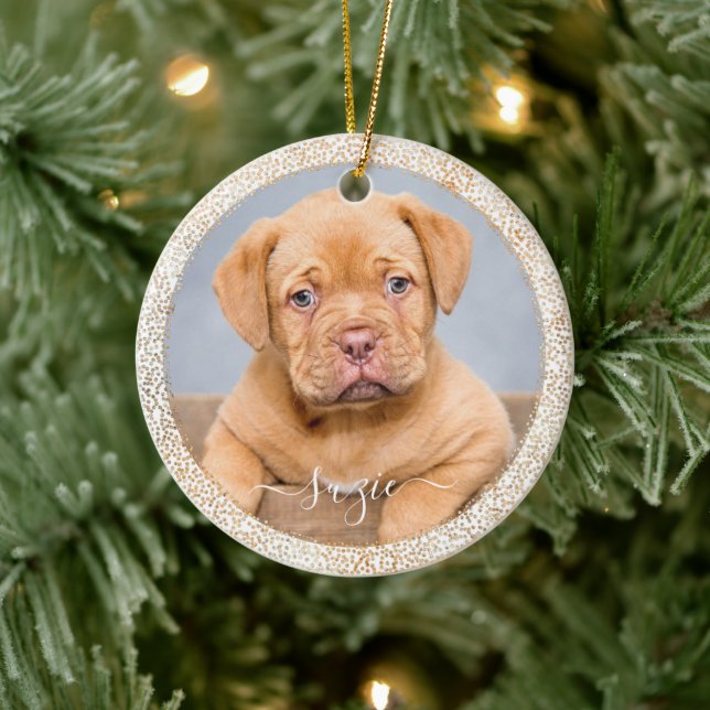Customisable Pet Dog Photo Gold Glitter on White Ceramic Tree Decoration (Tree)