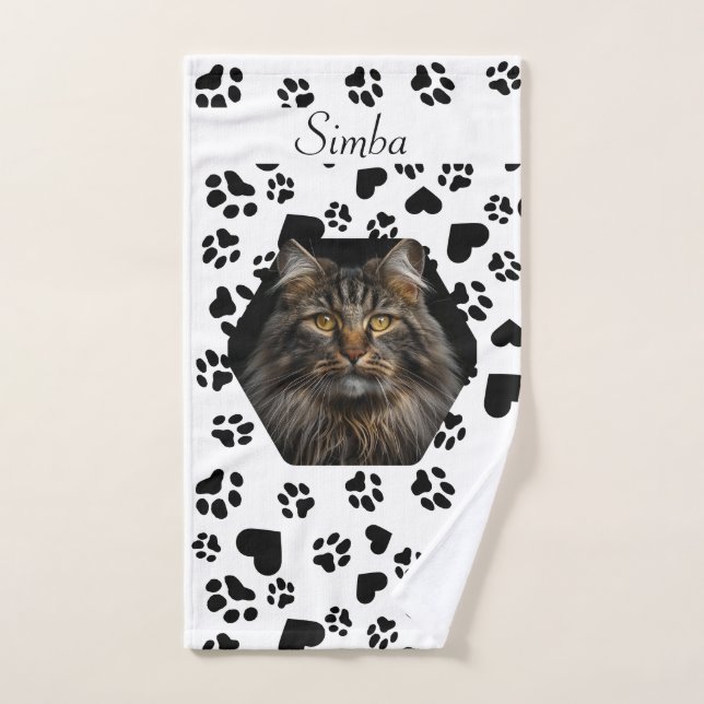 Customisable Pet Photo & Name & Paw Print Pattern Hand Towel (Hand Towel)