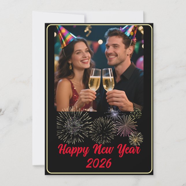 Customisable Photo Fireworks Happy New Year  Holiday Card (Front)