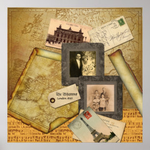 Customisable Photo Frame Vintage Map Paper Collage Poster
