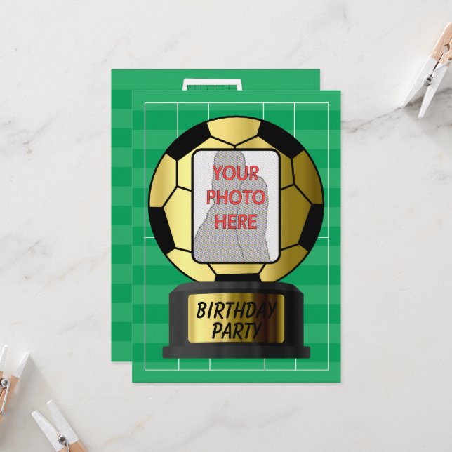 Customisable photo golden soccer ball  invitations (Front/Back In Situ)