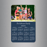 Customisable Photo Name Navy Blue 2025 Calendar Magnet<br><div class="desc">Personalise a 2025 calendar magnet with the people you love. Replace the sample photo and name with your own in the sidebar. The custom text is in a modern white script font. Below it is a small white calendar on a navy blue background. Makes a great custom stocking stuffer. Calendar...</div>