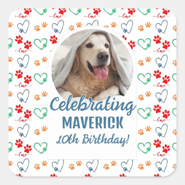 Customisable Photo Paw Print Dog Birthday Party Square Sticker (Front)