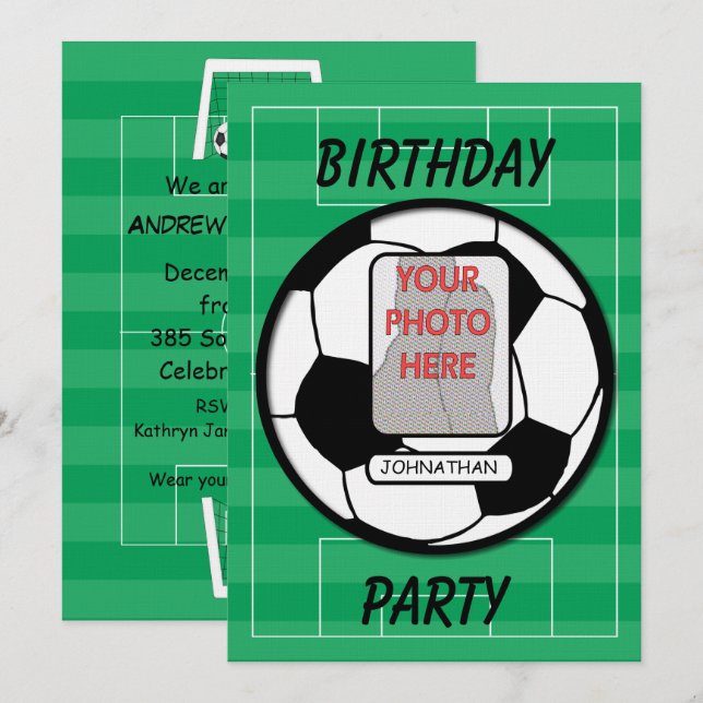 Customisable photo soccer ball party invitation (Front/Back)