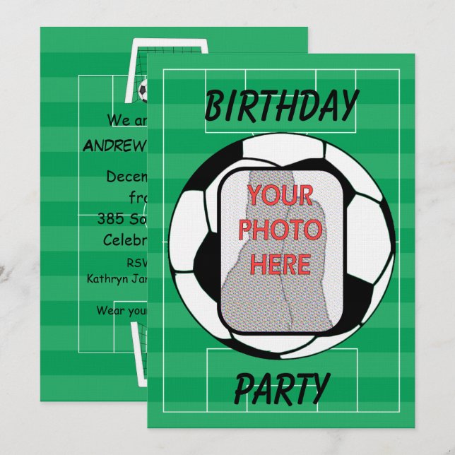 Customisable photo soccer ball party invitations (Front/Back)