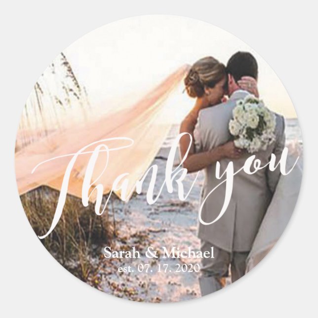 Customisable Photo Wedding Thank You Classic Round Sticker (Front)