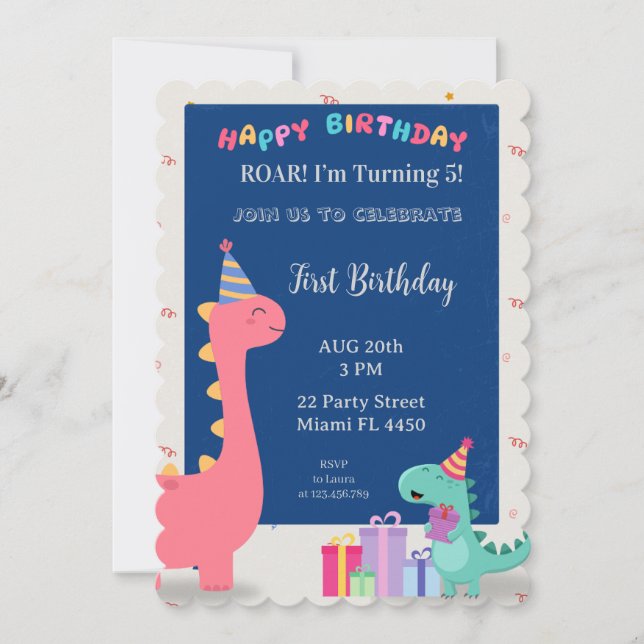 Customisable pink and blue dinosaur party invitati invitation (Front)