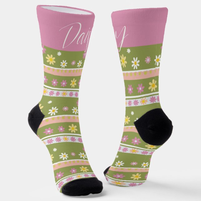 Customisable Pink and Green Flower Pattern Socks (Angled)