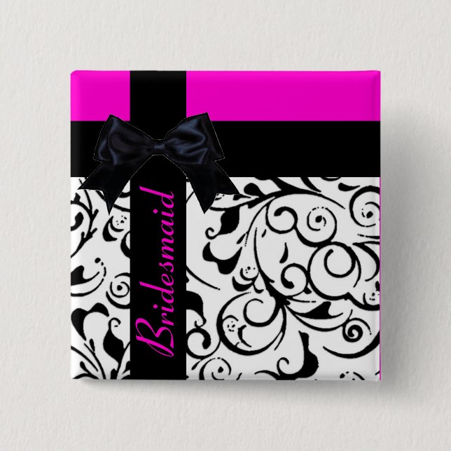 Customisable pink black damask bridesmaid pin (Front)