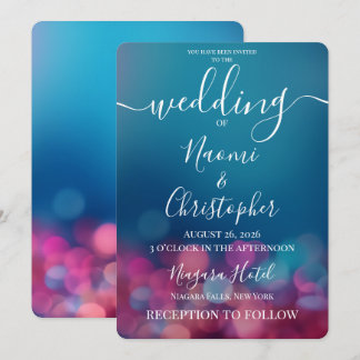 Customisable Pink Bokeh Blue Wedding Invitation