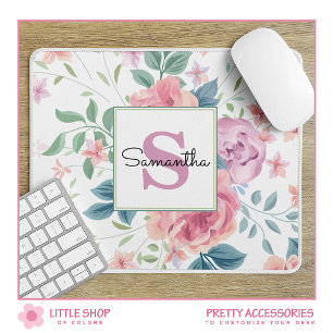 Customisable Pink Floral Monogrammed Mouse Mat