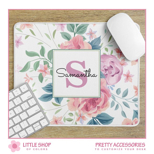 Customisable Pink Floral Monogrammed Mouse Mat (Creator Uploaded)