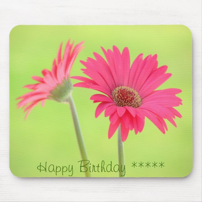 Customisable Pink Gerber Daisies on Green Mouse Mat (Front)
