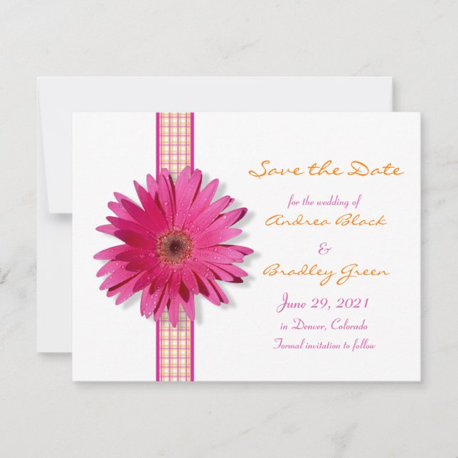 Customisable Pink Gerbera Daisy Save the Date Card (Front)