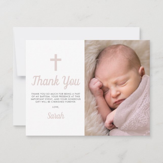 Customisable Pink Girl Baptism Christening Photo Thank You Card (Front)