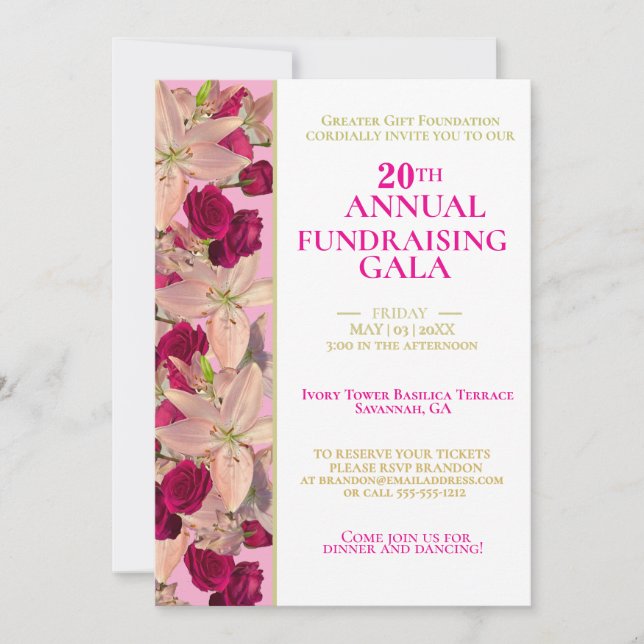 Customisable Pink, Gold, & Floral Fundraising Gala Invitation (Front)