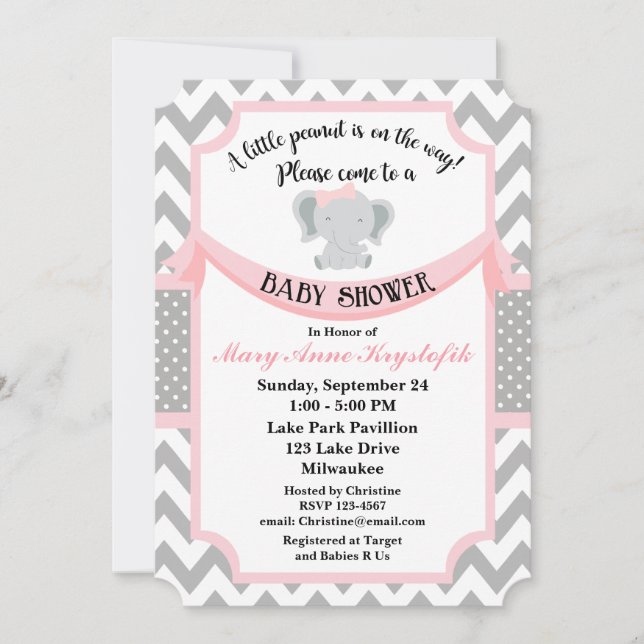 Customisable Pink Grey Baby Girl Shower Invitation (Front)