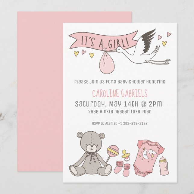 Customisable Pink It's a Girl Baby Shower Invitation (Front/Back)