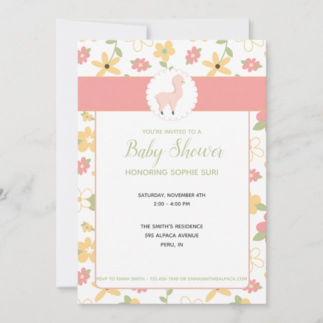 Customisable Pink Little Llama Baby Shower Invite (Front)