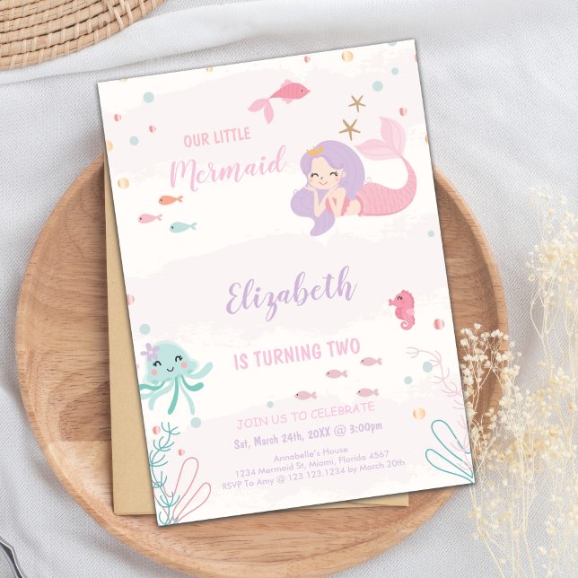 Customisable Pink Mermaid Birthday Invitation (Our Little Pink mermaid Invitations)