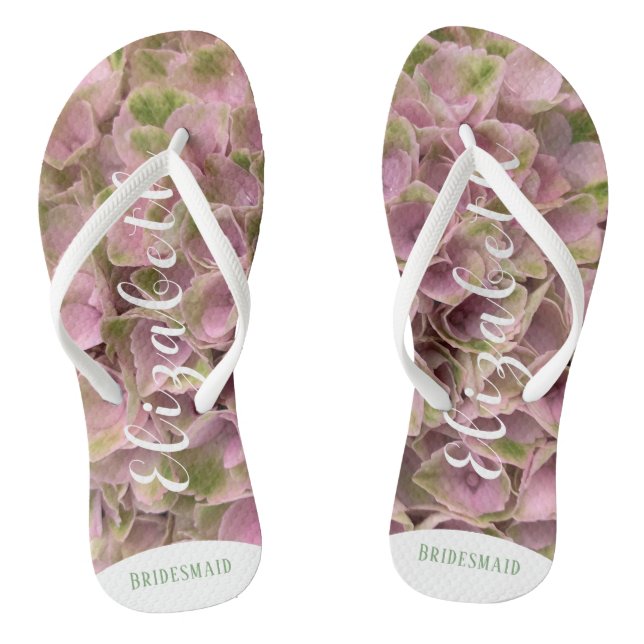 Customisable Pink & Pale Green Floral Hydrangea Flip Flops (Footbed)