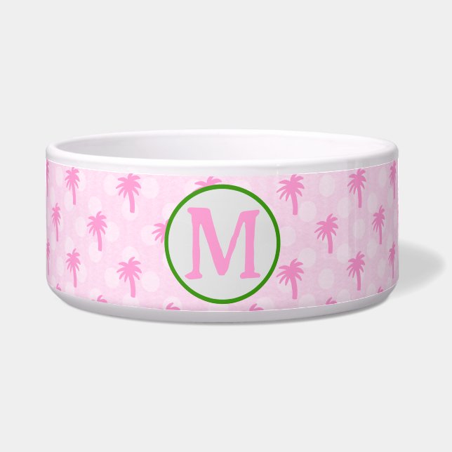 Customisable Pink Palm Tree Ceramic Pet Bowl (Front)