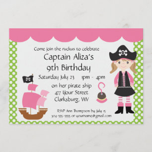 Customisable Pink Pirate Girl Birthday Party Invitation