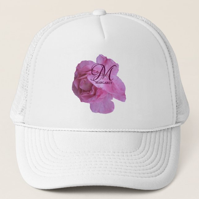 Customisable pink rose Margaret name trendy fun Trucker Hat (Front)