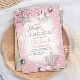 Customisable Pink Silver Glitter Winter Onederland Invitation