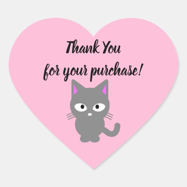 Customisable pink Thank You sticker with grey cat (Front)