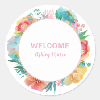 Customisable Pink Watercolor Floral Baby Shower C Classic Round Sticker