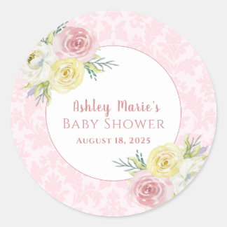 Customisable Pink Watercolor Flowers Baby Shower Classic Round Sticker