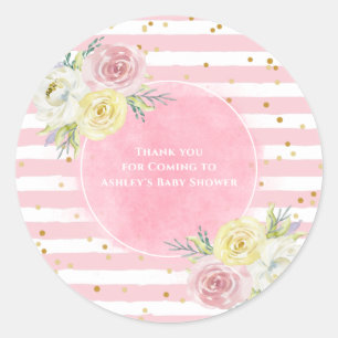 Customisable Pink Watercolor Flowers Thank You Classic Round Sticker
