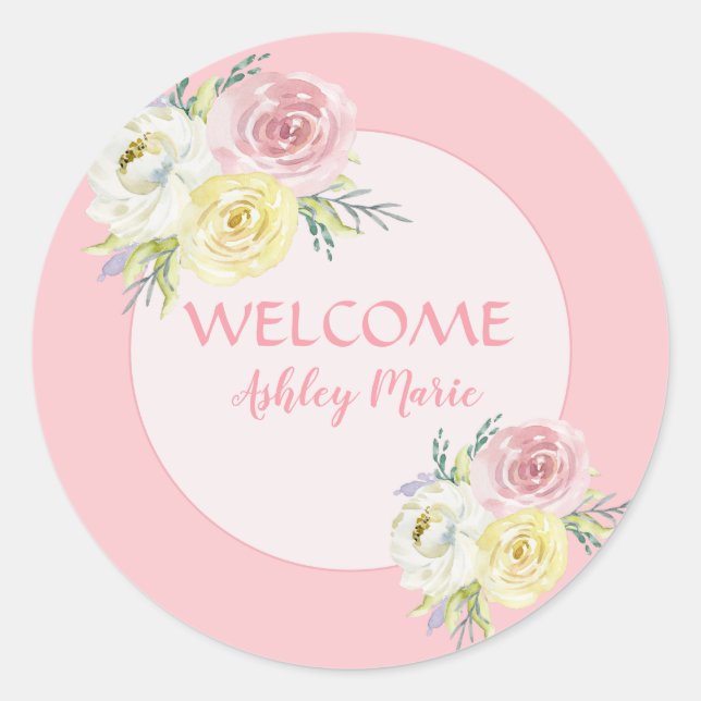Customisable Pink Watercolor Flowers Welcome Baby Classic Round Sticker (Front)