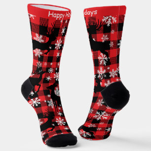 Customisable Plaid Reindeer "Happy Holidays" Socks