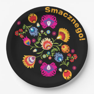 Customisable Polish folklore with pink flowers Paper Plate