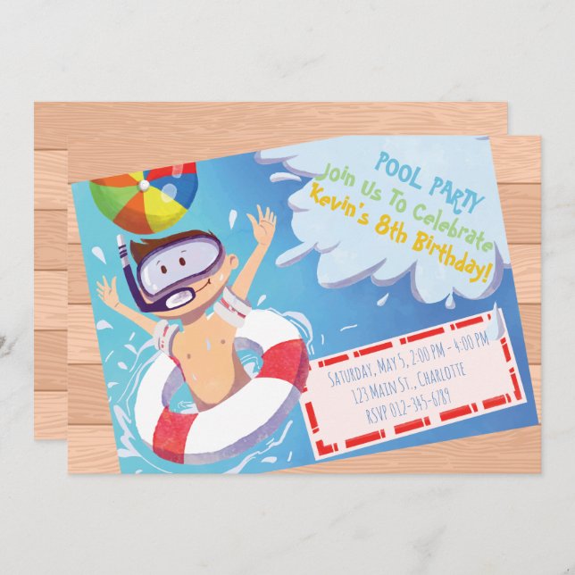 Customisable Pool Party Birthday Invitation. Invitation (Front/Back)